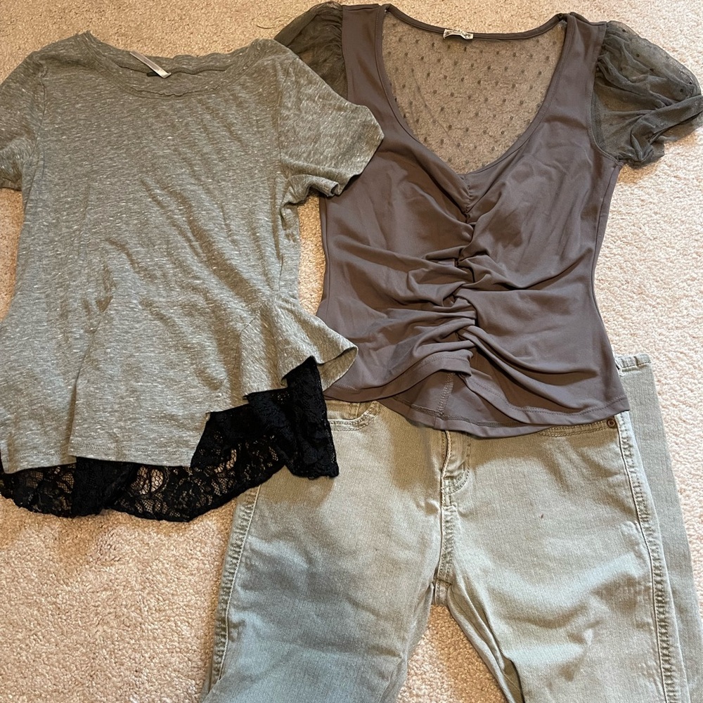 Free People Gray Ankle Jeans and 2 tops bundle.